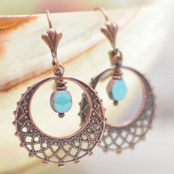 Hand Crafted Jewelry - Turquoise & Antique Copper Filigree Hoop Earrings